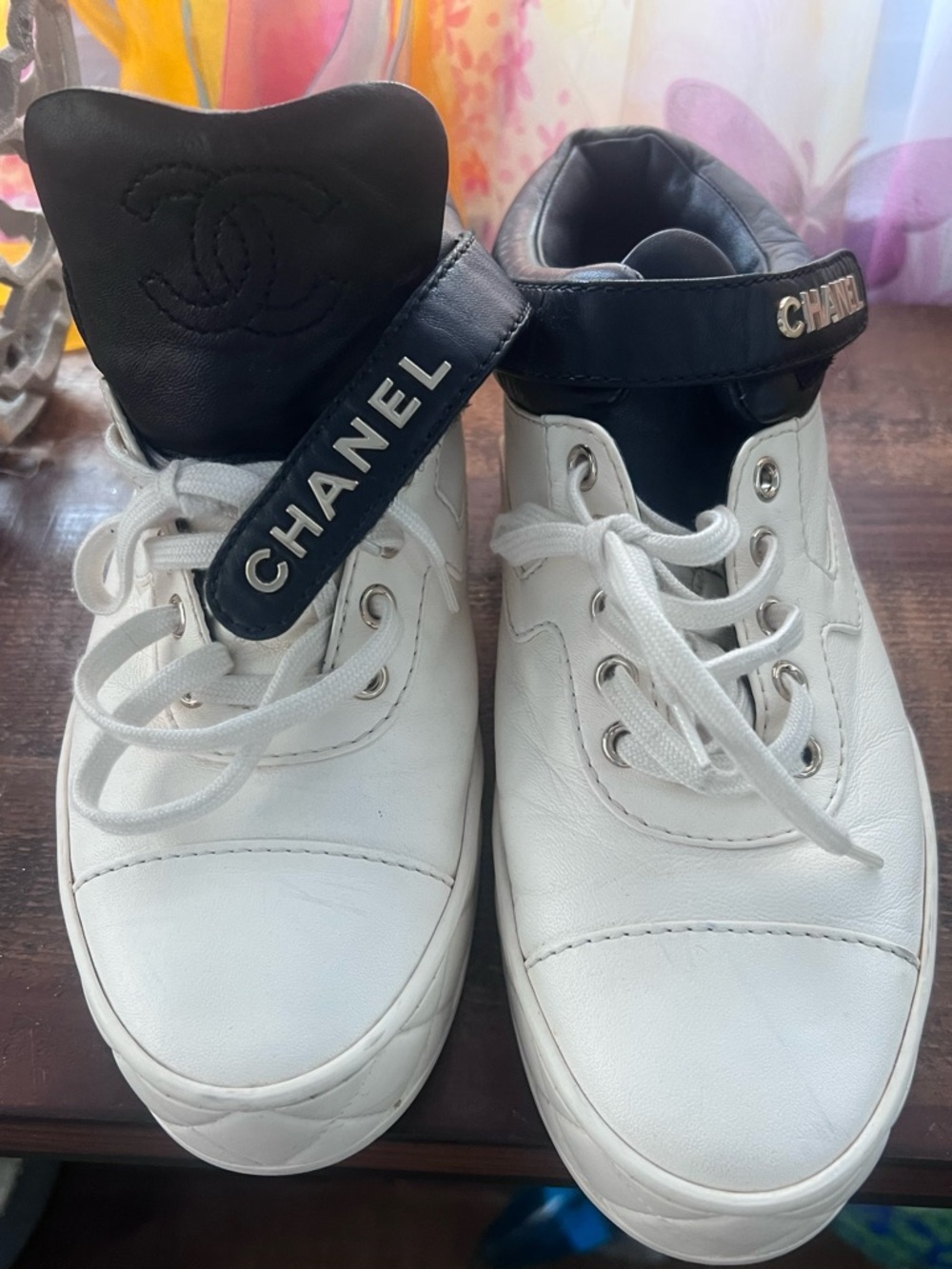 CHANEL White and Black Leather Low-Top Sneakers